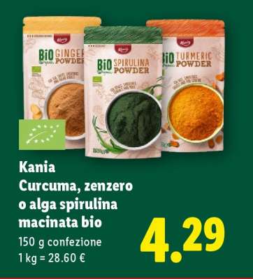Kania Curcuma, zenzero o alga spirulina macinata bio