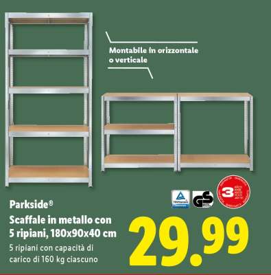 Parkside® Scaffale in metallo con 5 ripiani, 180x90x40 cm