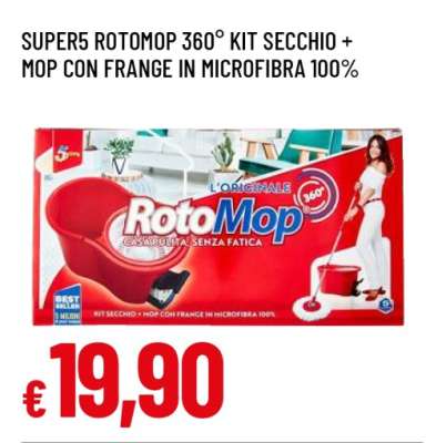 SUPER5 ROTOMOP 360° KIT SECCHIO + MOP CON FRANGE IN MICROFIBRA 100%