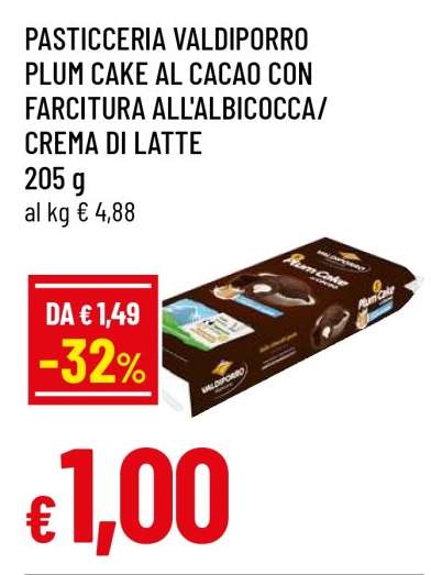 PASTICCERIA VALDIPORRO PLUM CAKE AL CACAO CON FARCITURA ALL'ALBICOCCA/CREMA DI LATTE