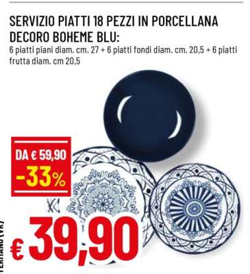 SERVIZIO PIATTI 18 PEZZI IN PORCELLANA DECORO BOHEME BLU