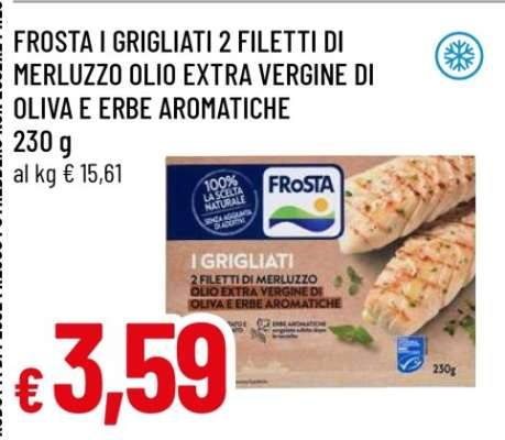 FROSTA I GRIGLIATI 2 FILETTI DI MERLUZZO OLIO EXTRA VERGINE DI OLIVA E ERBE AROMATICHE