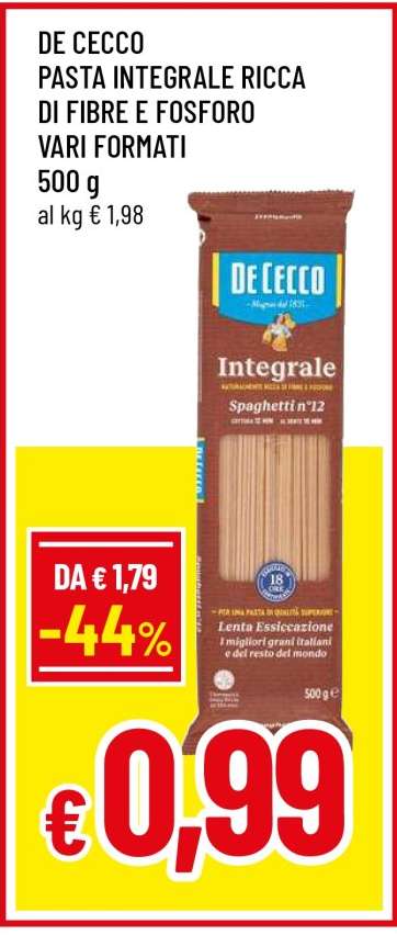 DE CECCO PASTA INTEGRALE RICCA DI FIBRE E FOSFORO VARI FORMATI