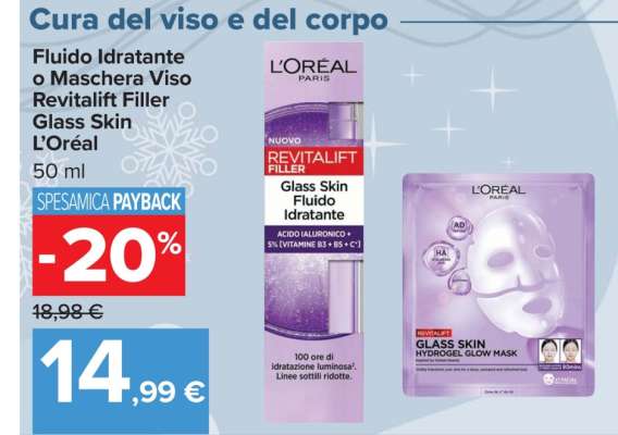 Fluido Idratante o Maschera Viso Revitalift Filler Glass Skin L'Oréal