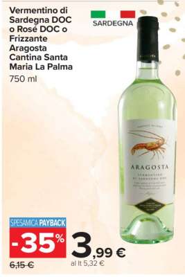 Vermentino di Sardegna DOC o Rosé DOC o Frizzante Aragosta Cantina Santa Maria La Palma