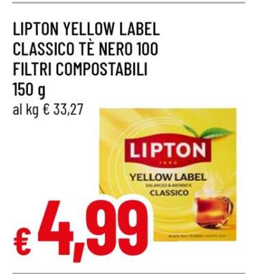 LIPTON YELLOW LABEL CLASSICO TÈ NERO 100 FILTRI COMPOSTABILI