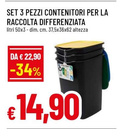 SET 3 PEZZI CONTENITORI PER LA RACCOLTA DIFFERENZIATA