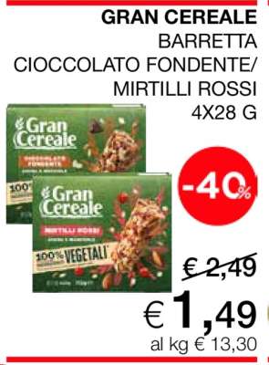 GRAN CEREALE BARRETTA CIOCCOLATO FONDENTE/MIRTILLI ROSSI