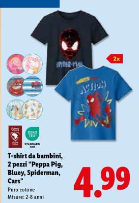 T-shirt da bambini, 2 pezzi 'Peppa Pig, Bluey, Spiderman, Cars'