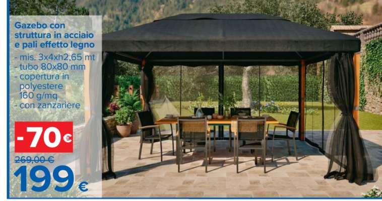 Gazebo con struttura in acciaio e pali effetto legno