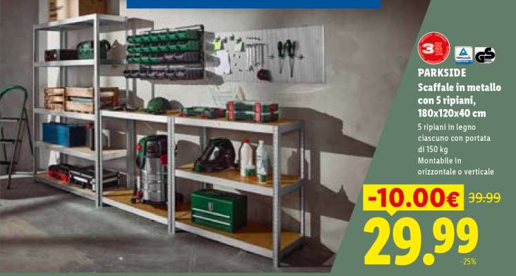PARKSIDE Scaffale in metallo con 5 ripiani, 180x120x40 cm