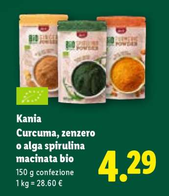 Kania Curcuma, zenzero o alga spirulina macinata bio