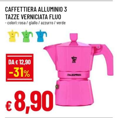 CAFFETTIERA ALLUMINIO 3 TAZZE VERNICIATA FLUO