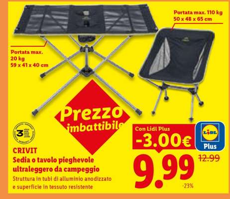 CRIVIT Sedia o tavolo pieghevole ultraleggero da campeggio
