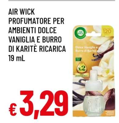 AIR WICK PROFUMATORE PER AMBIENTI DOLCE VANIGLIA E BURRO DI KARITÈ RICARICA 19 mL