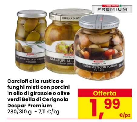 Carciofi alla rustica o funghi misti con porcini in olio di girasole o olive verdi Bella di Cerignola Despar Premium