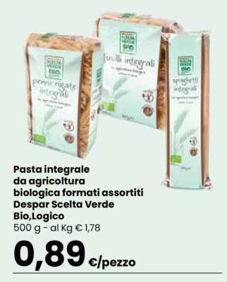 Pasta integrale da agricoltura biologica formati assortiti Despar Scelta Verde Bio,Logico