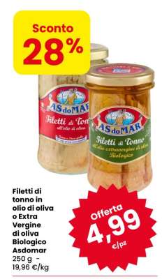 Filetti di tonno in olio di oliva o Extra Vergine di oliva Biologico Asdomar