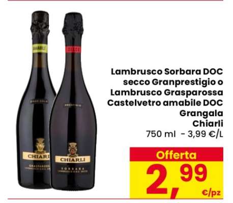 Lambrusco Sorbara DOC secco Granprestigio o Lambrusco Grasparossa Castelvetro amabile DOC Grangala Chiarli
