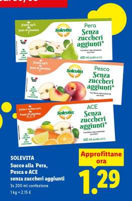 SOLEVITA Succo alla Pera, Pesca o ACE senza zuccheri aggiunti
