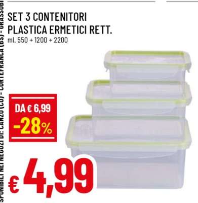 SET 3 CONTENITORI PLASTICA ERMETICI RETT.
