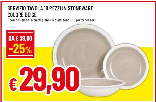 SERVIZIO TAVOLA 18 PEZZI IN STONEWARE COLORE BEIGE