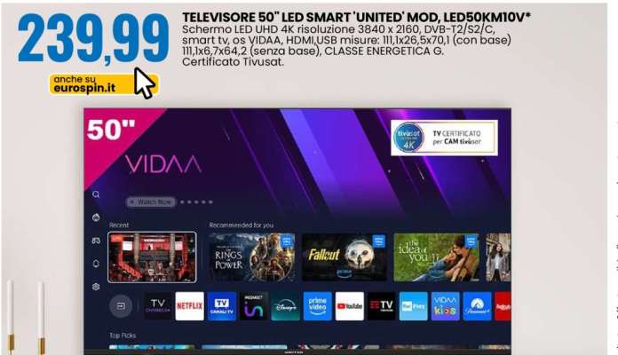 TELEVISORE 50'' LED SMART 'UNITED' MOD. LED50KM10V