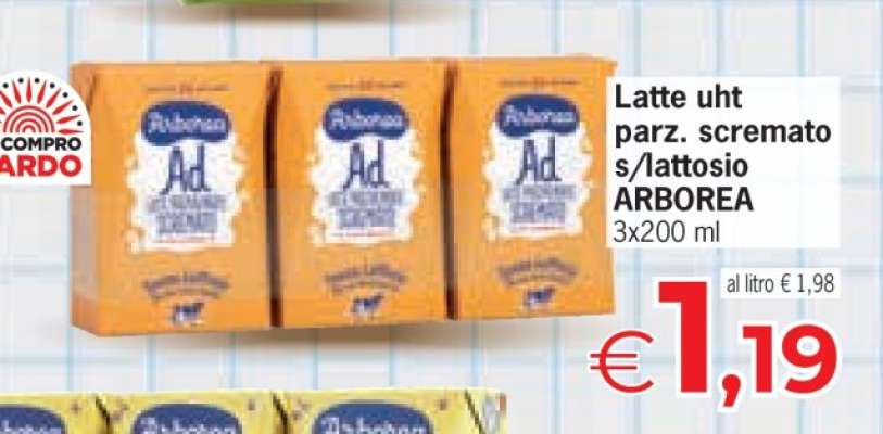 Latte uht parz. scremato s/lattosio ARBOREA