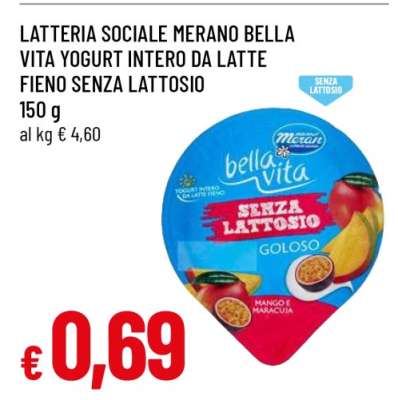 LATTERIA SOCIALE MERANO BELLA VITA YOGURT INTERO DA LATTE FIENO SENZA LATTOSIO
