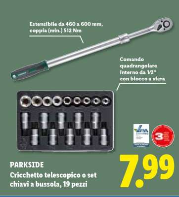 PARKSIDE Cricchetto telescopico o set chiavi a bussola, 19 pezzi