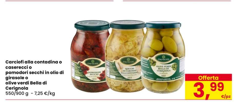 Carciofi alla contadina o caserecci o pomodori secchi in olio di girasole o olive verdi Bella di Cerignola