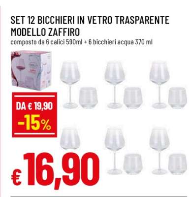 SET 12 BICCHIERI IN VETRO TRASPARENTE MODELLO ZAFFIRO