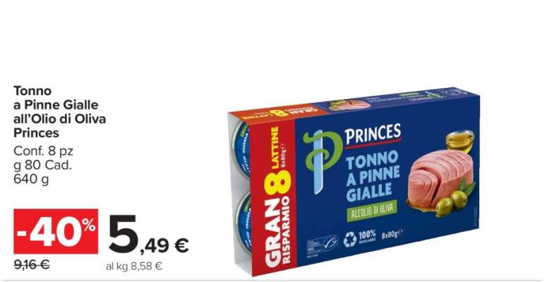 Princes Tonno a Pinne Gialle all’Olio di Oliva