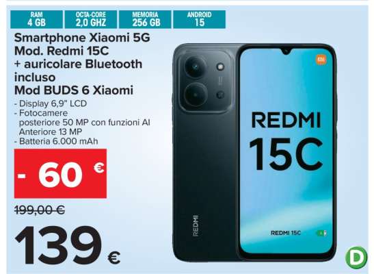 Smartphone Xiaomi 5G Mod. Redmi 15C + auricolare Bluetooth incluso Mod BUDS 6 Xiaomi