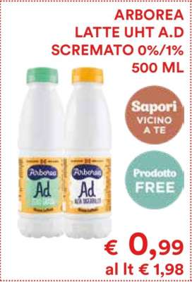 ARBOREA LATTE UHT A.D SCREMATO 0%/1% 500 ML