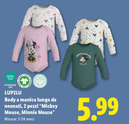 LUPILU Body a manica lunga da neonati, 2 pezzi “Mickey Mouse, Minnie Mouse”