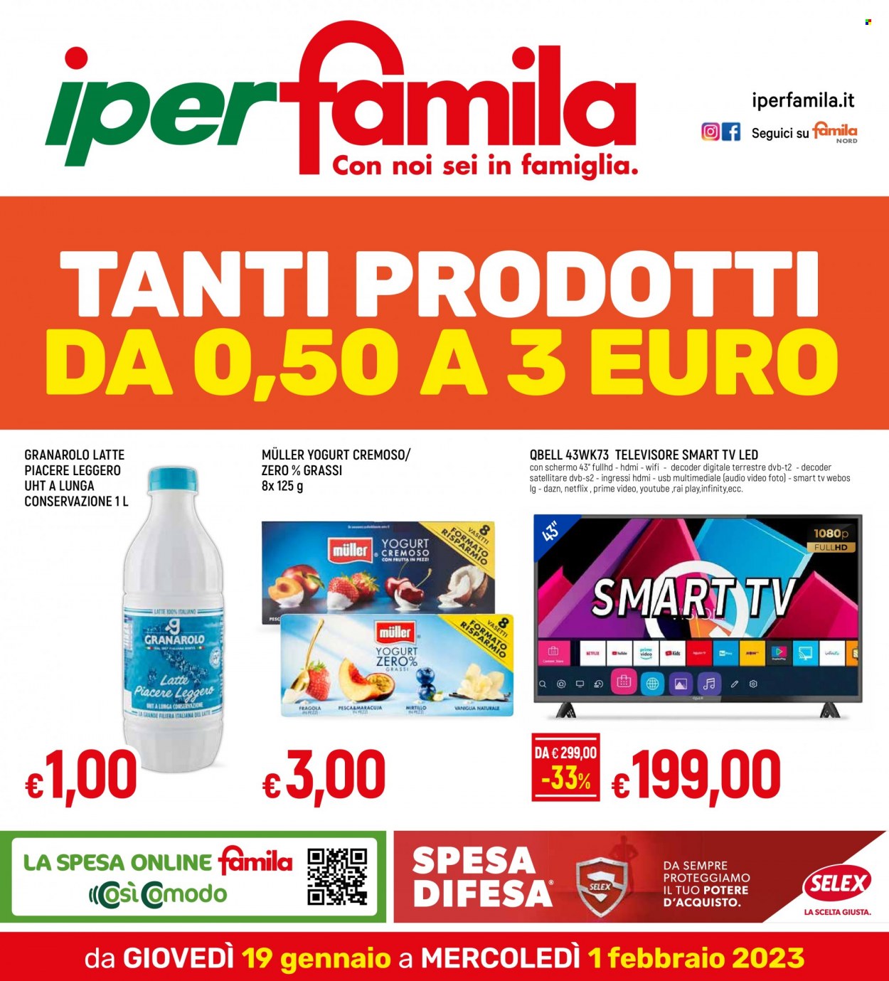 Volantino Famila - 19/1/2023 - 1/2/2023 - Prodotti in offerta - LG, Granarolo, yogurt, Müller, latte, latte parzialmente scremato, Smart TV, LED TV, televisore. Pagina 1.