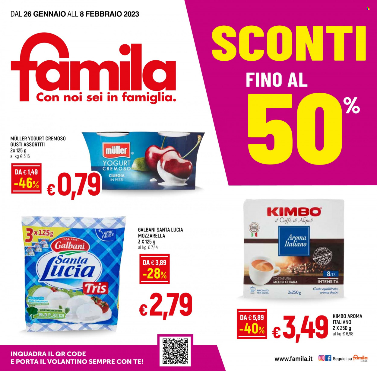 Volantino Famila - 26/1/2023 - 8/2/2023 - Prodotti in offerta - Galbani, formaggio, mozzarella, yogurt, Müller, Kimbo. Pagina 1.