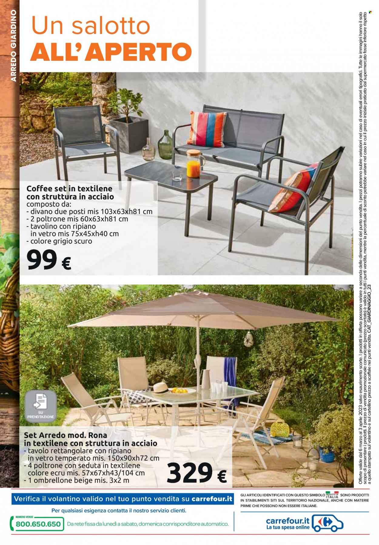 Volantino Carrefour - 6/3/2023 - 3/4/2023 - Prodotti in offerta - tavolo rettangolare, tavolo, divano, poltrona, coffee set, tavolino. Pagina 4.