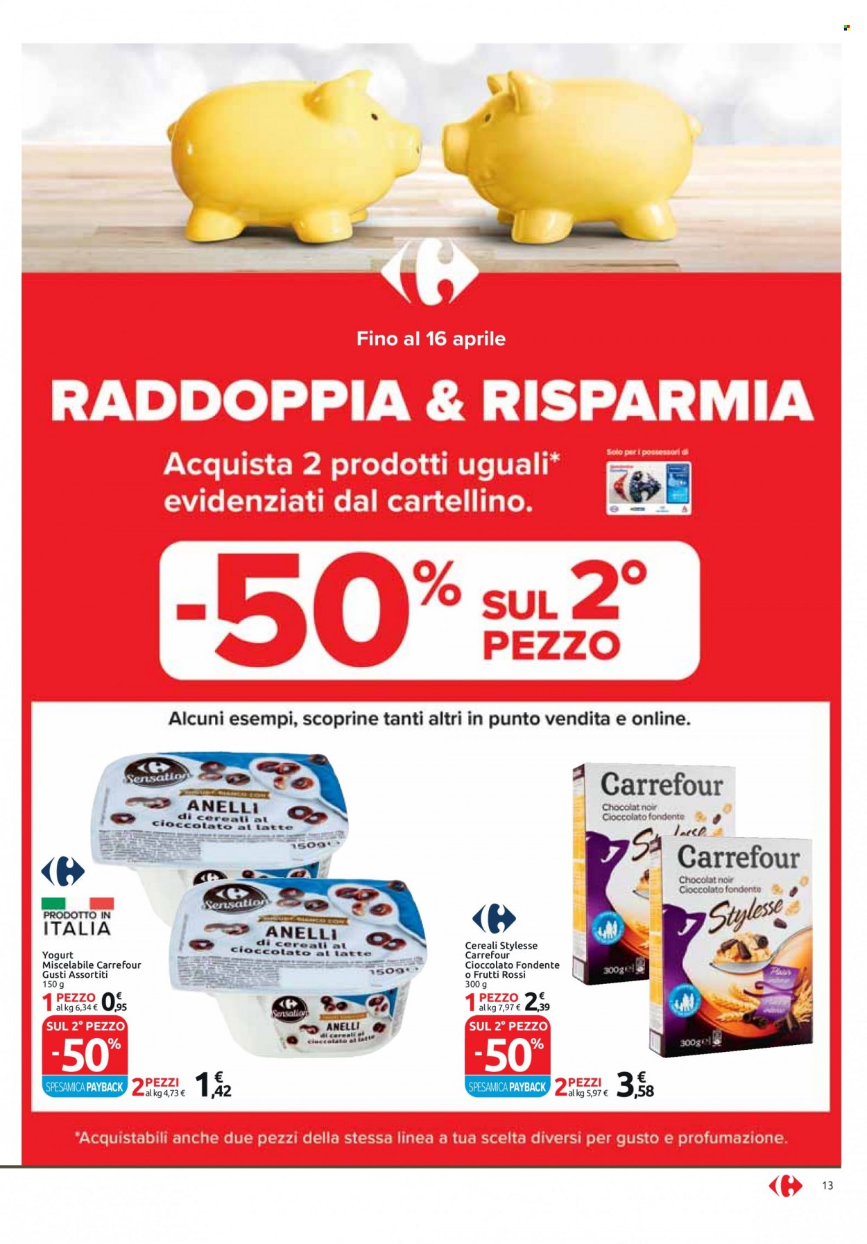 Volantino Carrefour - 14/3/2023 - 27/3/2023 - Prodotti in offerta - yogurt, cioccolato al latte, cioccolato fondente. Pagina 13.