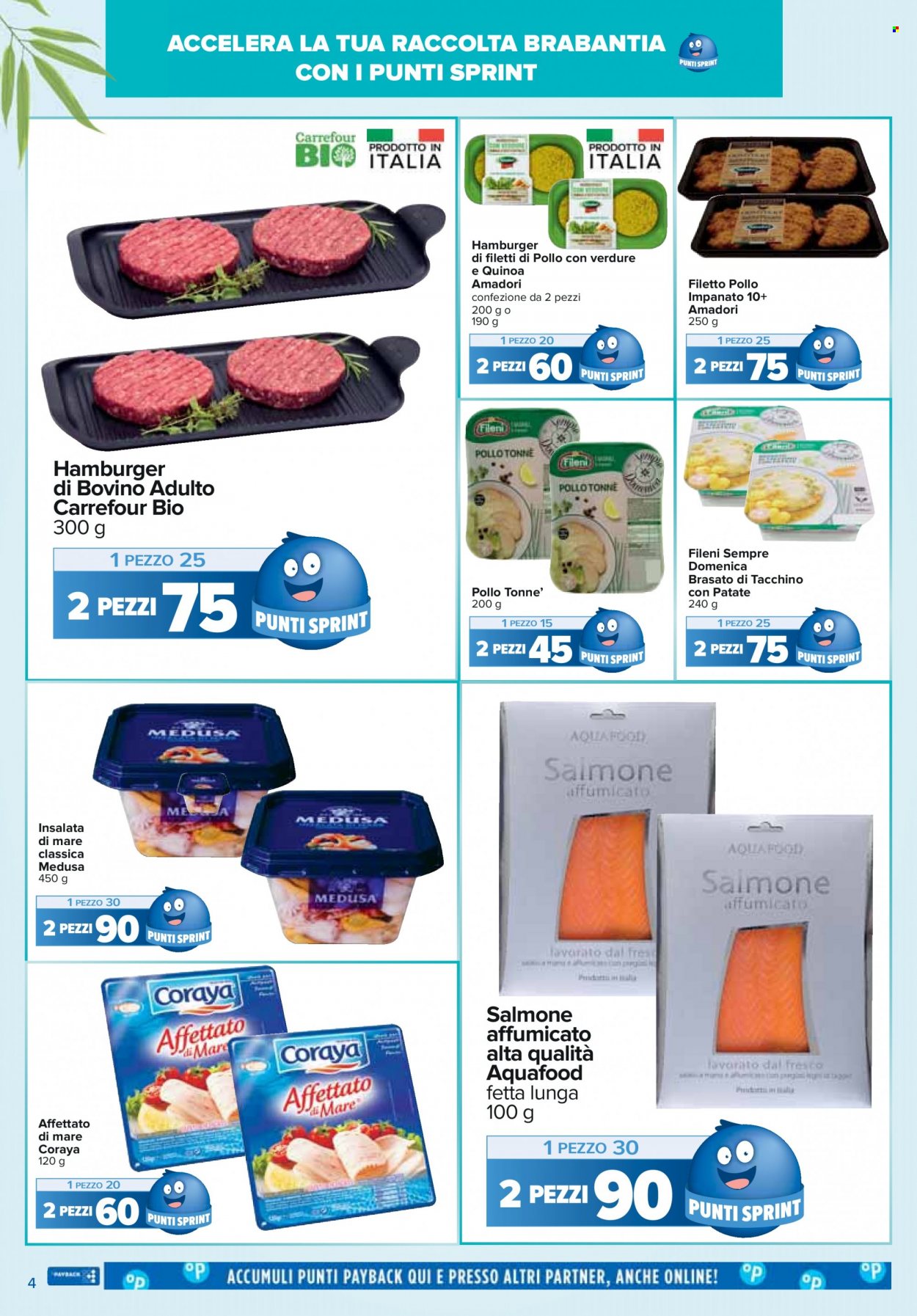 Volantino Carrefour - 14/3/2023 - 10/4/2023 - Prodotti in offerta - Amadori, hamburger, salmone, salmone affumicato, insalata di mare. Pagina 4.
