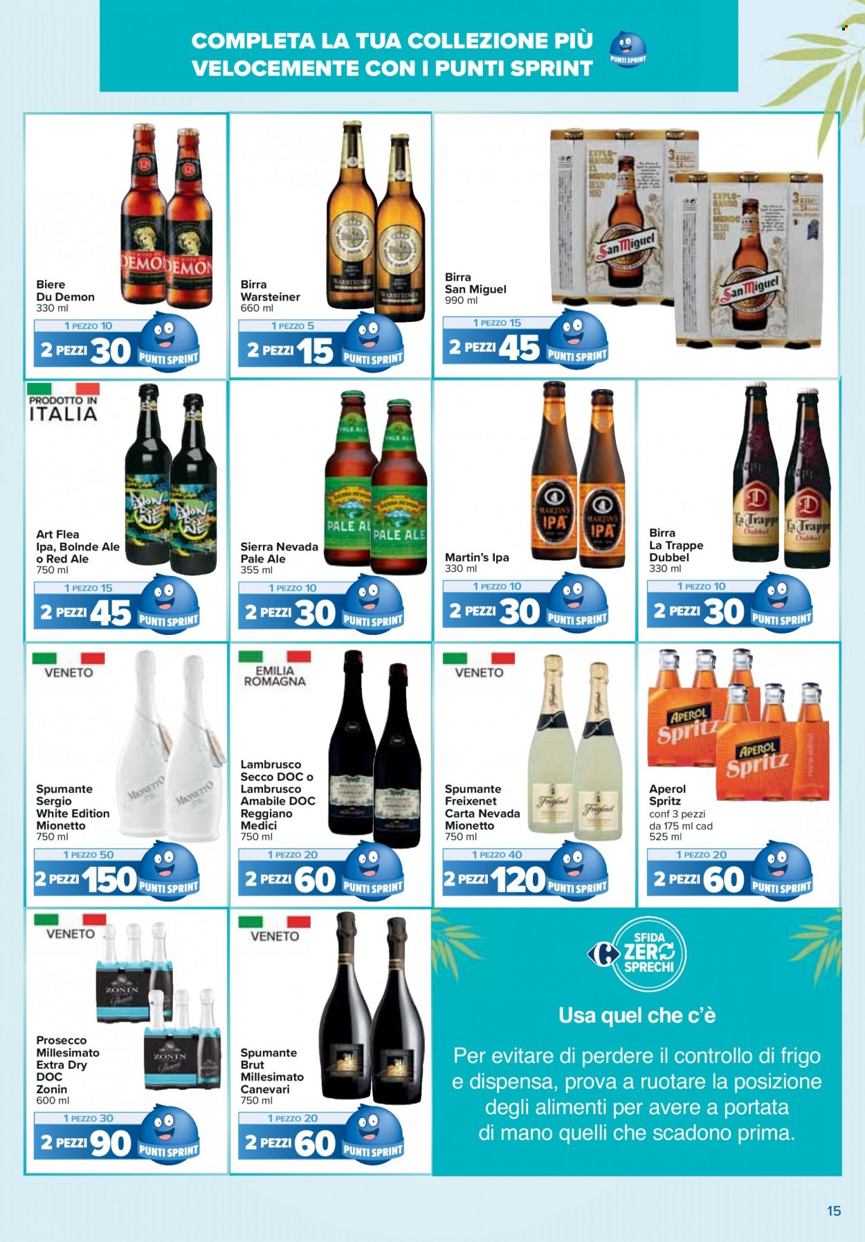 Volantino Carrefour - 14/3/2023 - 10/4/2023 - Prodotti in offerta - birra, birra tipo IPA, birra tipo pale ale, Warsteiner, San Miguel, Spumante, Prosecco, Lambrusco, vino, Zonin, Aperol. Pagina 15.
