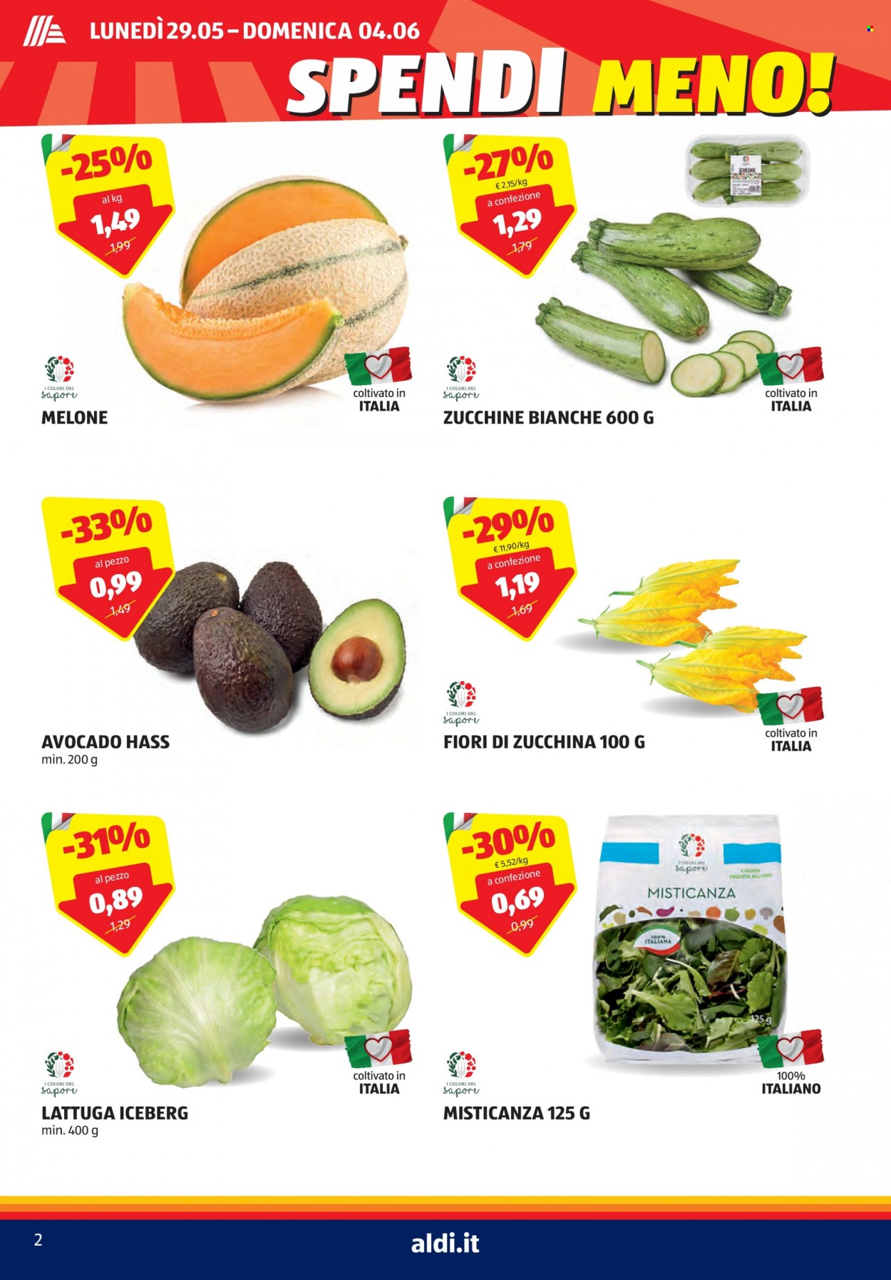 Volantino Aldi - 29/5/2023 - 4/6/2023 - Prodotti in offerta - zucchine, lattuga, lattuga iceberg, melone, avocado. Pagina 2.