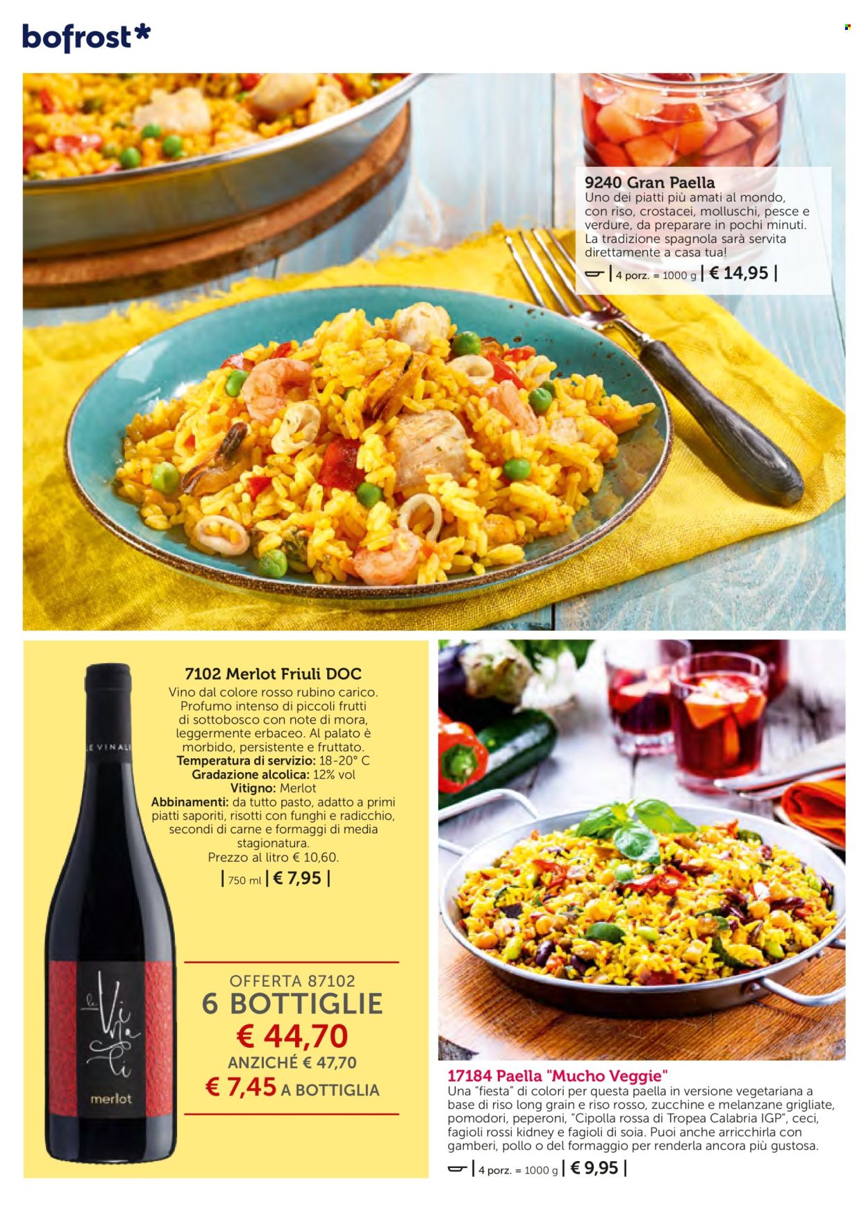 thumbnail - Volantino Bofrost - Prodotti in offerta - paella, melanzane grigliate, Merlot, vino rosso, vino, bevanda alcolica. Pagina 60.