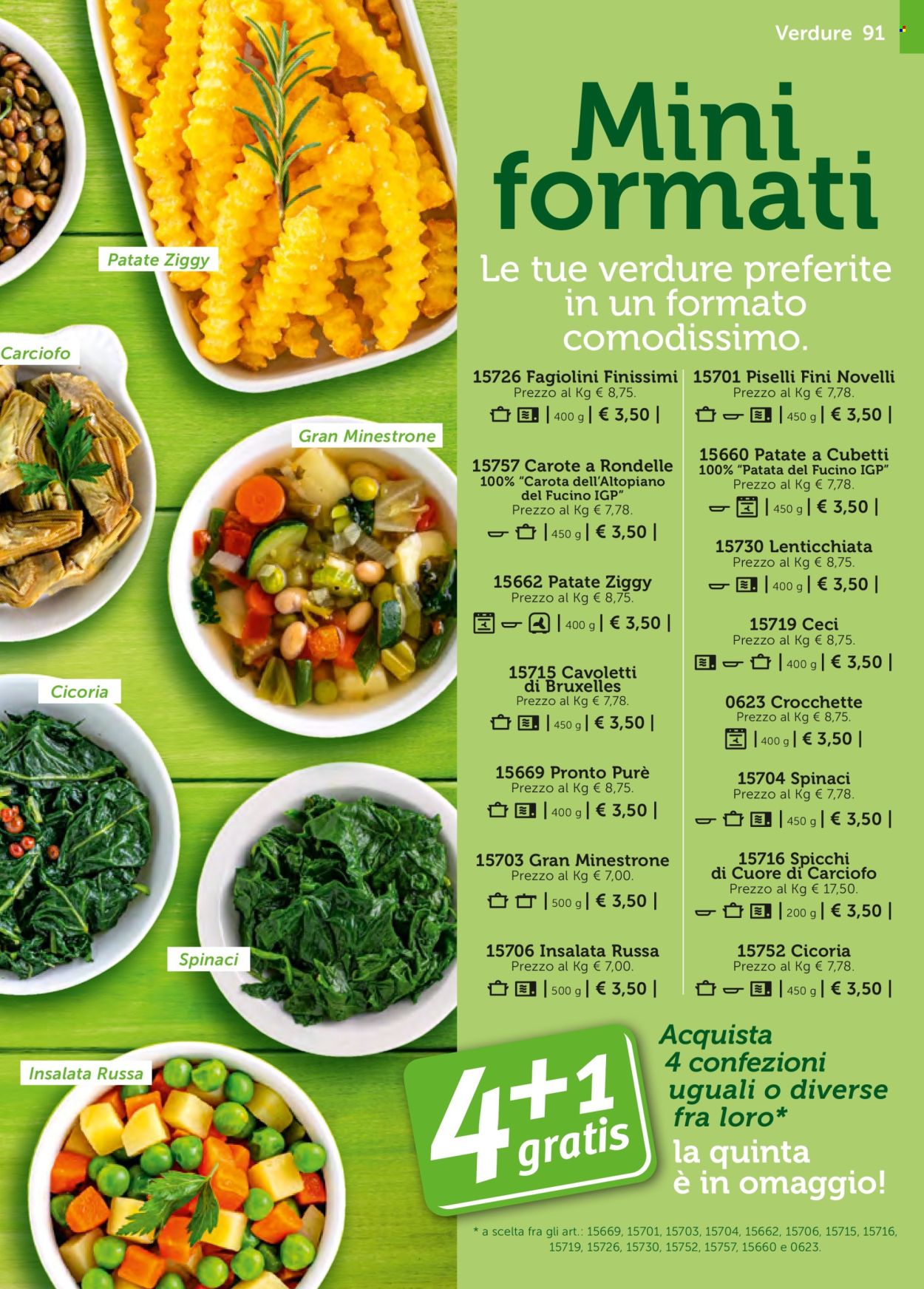 thumbnail - Volantino Bofrost - Prodotti in offerta - minestrone, crocchette, insalata russa, piselli, cicoria, fagiolini, spinaci, patatine fritte. Pagina 91.
