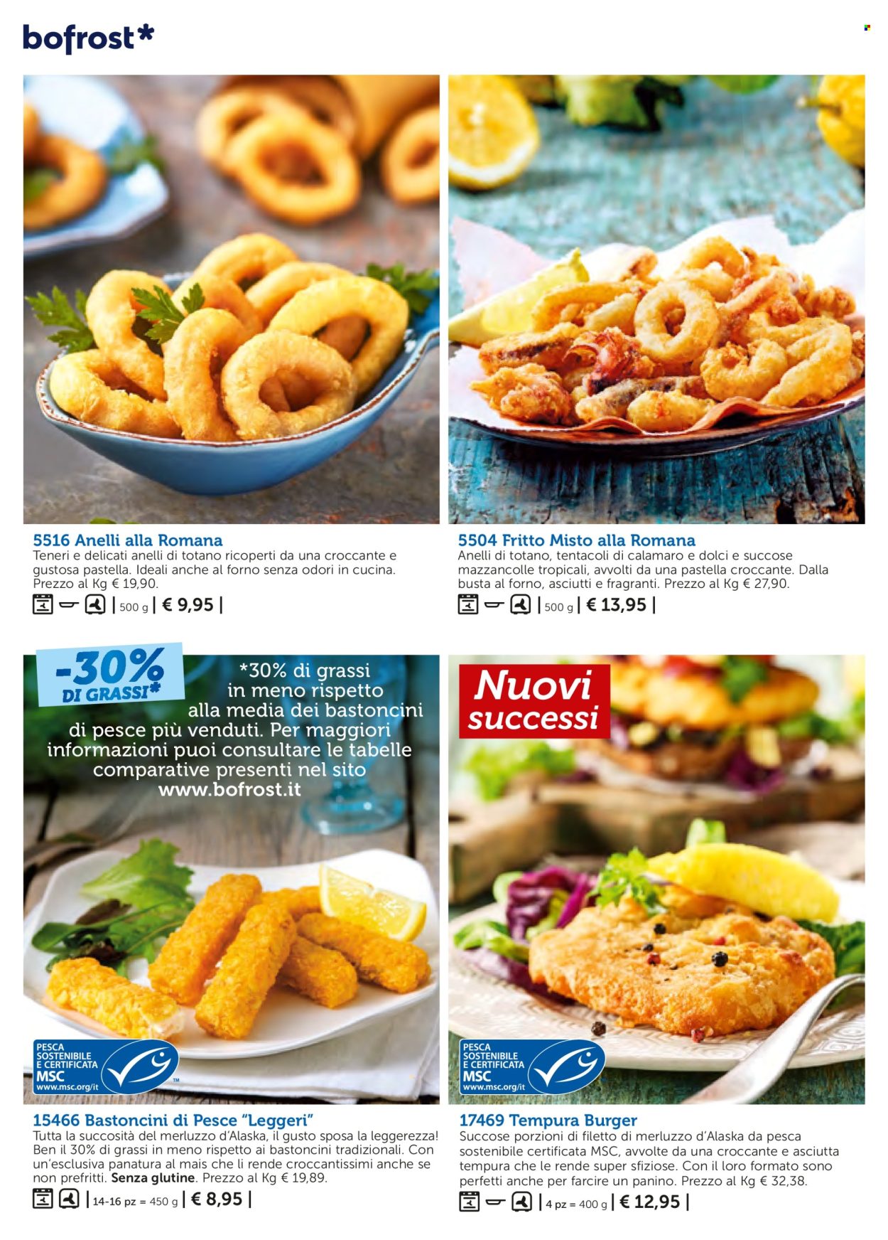 thumbnail - Volantino Bofrost - Prodotti in offerta - hamburger, calamari, filetti di merluzzo, mazzancolle, merluzzo, totani, anelli di totano, bastoncini, fritto misto, bastoncini di pesce. Pagina 106.