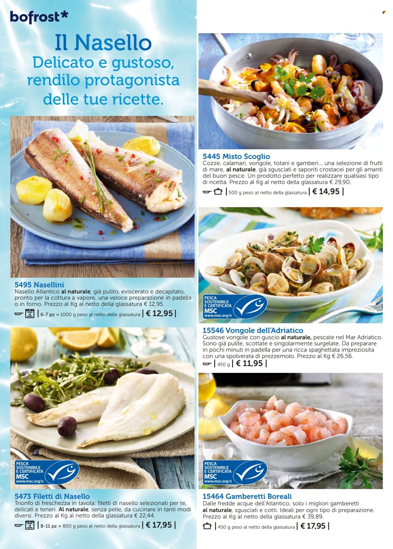 thumbnail - Volantino Bofrost - Prodotti in offerta - vongole, calamari, cozze, pesce, totani, frutti di mare, gamberetti, nasello. Pagina 110.