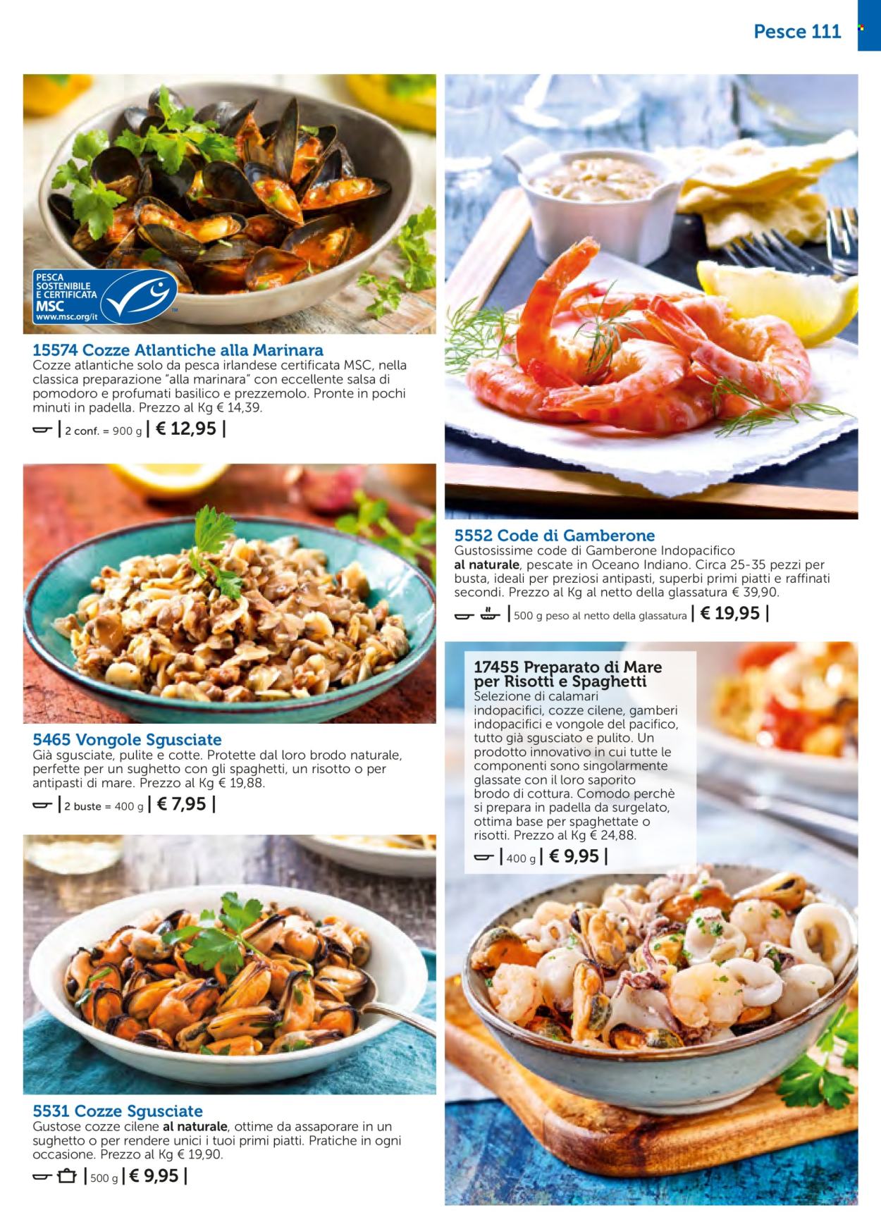 thumbnail - Volantino Bofrost - Prodotti in offerta - vongole, calamari, cozze, pesce, gamberi, cozze cilene, cozze sgusciate, risotto. Pagina 111.