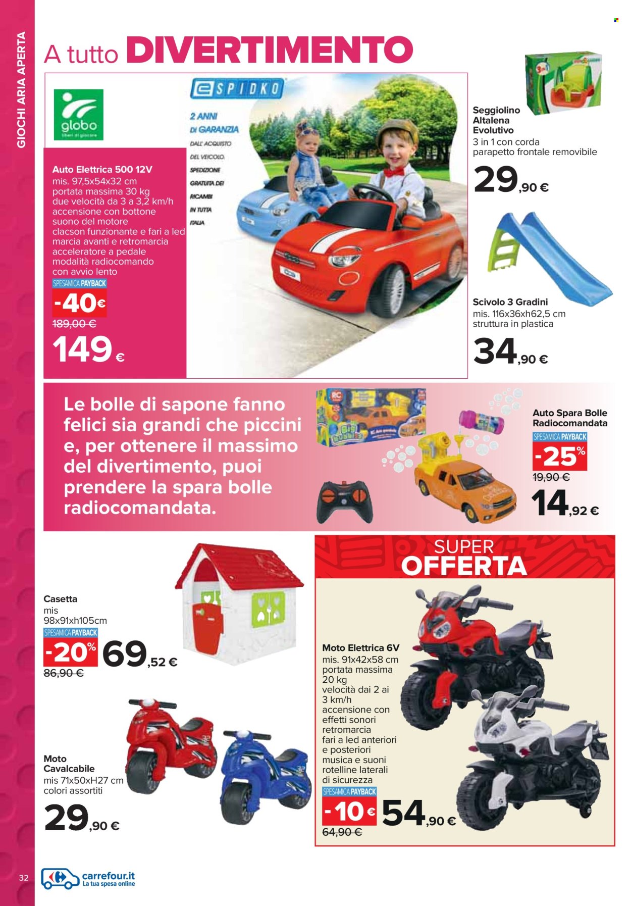 thumbnail - Volantino Carrefour - 25/3/2024 - 5/5/2024 - Prodotti in offerta - casetta, cavalcabile, moto elettrica, bolle di sapone, altalena, seggiolino per auto. Pagina 32.