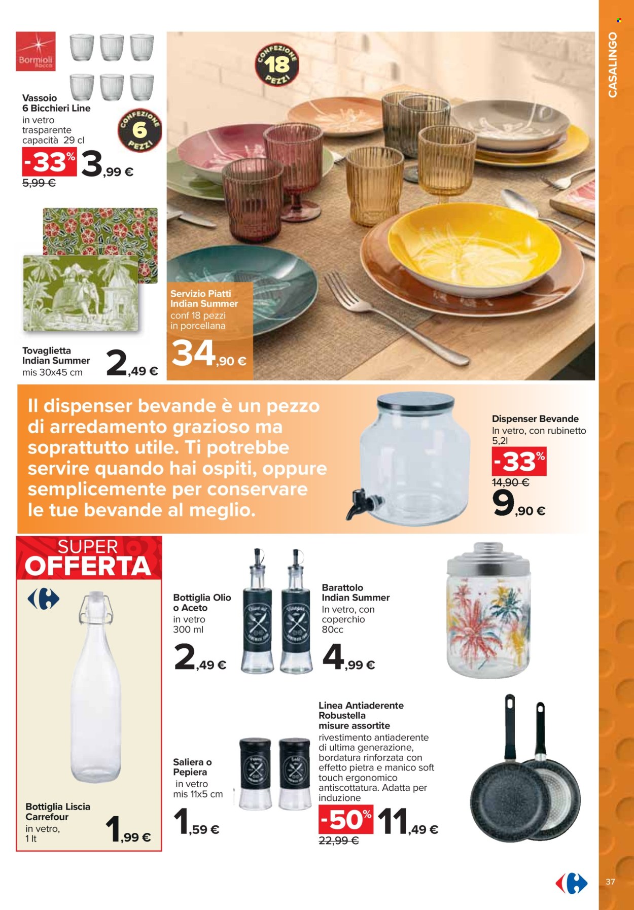 thumbnail - Volantino Carrefour - 25/3/2024 - 5/5/2024 - Prodotti in offerta - olio, bicchieri, servizio piatti, piatti, vassoio, dispenser, barattolo, tovaglietta. Pagina 37.